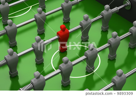 foosball table with red player among the identical gray team foosball table with red player among the identical gray team 9893309