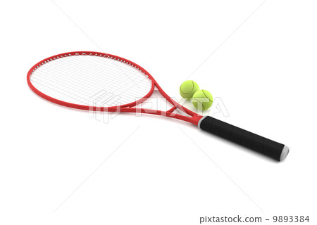 red tennis racket with two balls isolated on white background red tennis racket with two balls isolated on white background 9893384