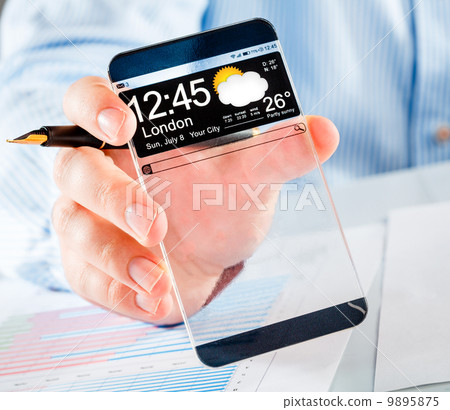 Smartphone with transparent screen in human hands. 9895875