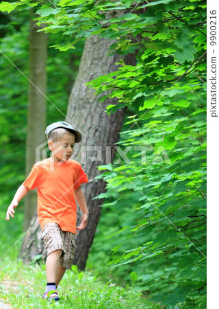 Boy kicks the ball in park outdoors 9900216