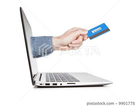 E-commerce concept image. Credit card in a hand out of the a lap 9901778