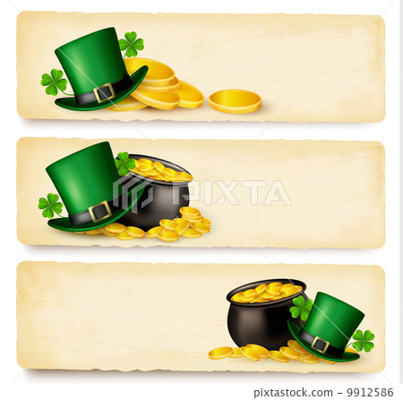 Three Saint Patrick's Day banners with lover leaves, green hat a 9912586