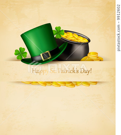 Saint Patrick's Day background with clover leaves, green hat and 9912602