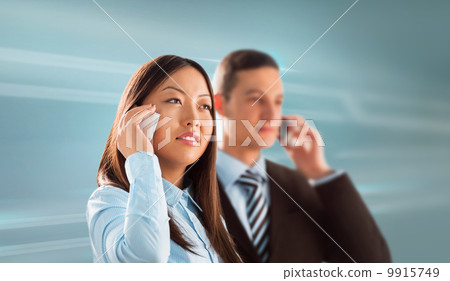 Two business people man and woman standing together and talking 9915749