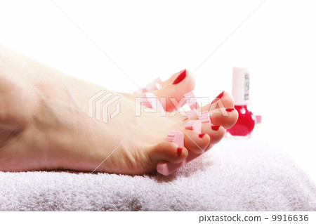 foot pedicure applying red toenails on white foot pedicure applying red toenails on white 9916636
