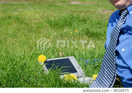 Businessman necktie and a laptop outside in a meadow Businessman necktie and a laptop outside in a meadow 9918975