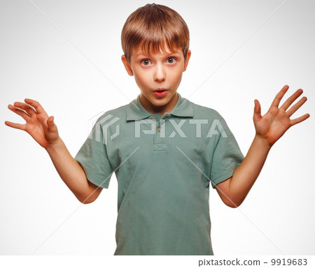raised boy his hands up baby teenager surprised isolated emotion 9919683