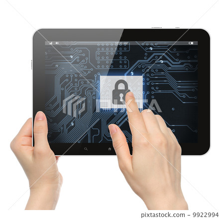 Hand pushing virtual security button on digital background of tablet PC . Hand pushing virtual security button on digital background of tablet PC . 9922994
