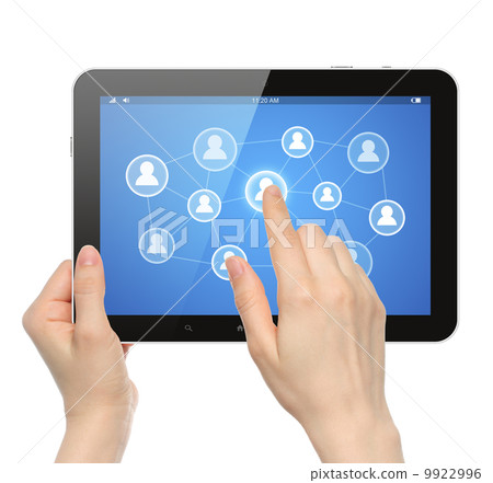 Woman hands hold and touch social media button on tablet PC . Woman hands hold and touch social media button on tablet PC . 9922996