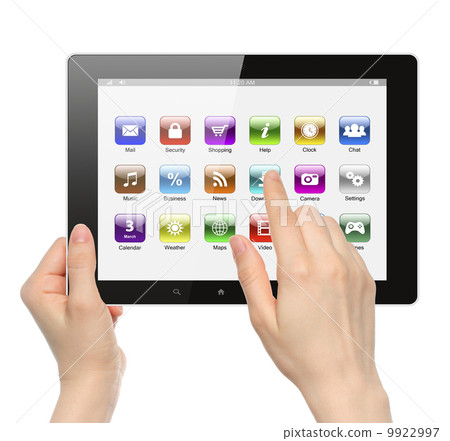 Woman hands hold and touch icon on tablet PC. Woman hands hold and touch icon on tablet PC. 9922997