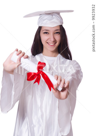 Young female student with diploma on white Young female student with diploma on white 9923932