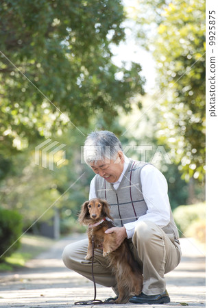Senior men taking a walk of a dog Senior men taking a walk of a dog 9925875
