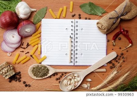 notebook for recipes and spices on wooden table notebook for recipes and spices on wooden table 9930963