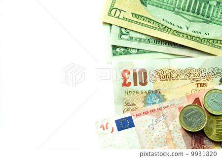 Banknotes: dollar, euro, british pound sterling, euro cents. 9931820