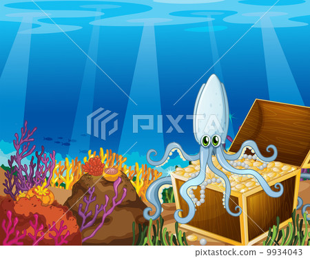 A treasure box under the sea with an octopus 9934043