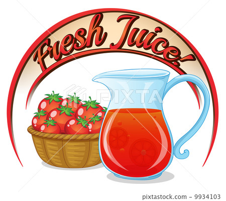 A fresh juice label with a basket of tomatoes and a pitcher of j A fresh juice label with a basket of tomatoes and a pitcher of j 9934103