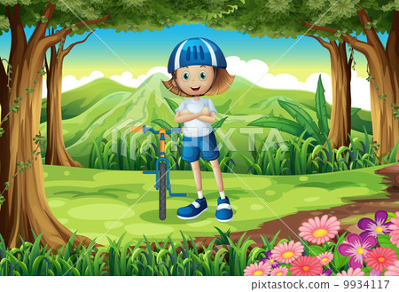 A girl and her bike at the forest A girl and her bike at the forest 9934117