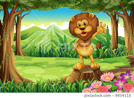 A scary lion above the stump at the forest A scary lion above the stump at the forest 9934118