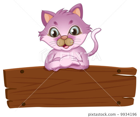 An adorable cat leaning over the empty wooden signboard 9934196