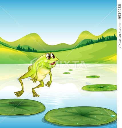 圖庫插圖: a pond with a frog jumping