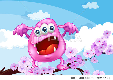 A pink beanie monster above the branch of a tree A pink beanie monster above the branch of a tree 9934374