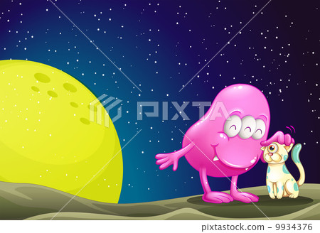 A pink beanie monster pacifying the cat in the outerspace A pink beanie monster pacifying the cat in the outerspace 9934376