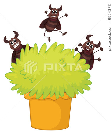 A plant in a pot with three smiling cockroaches 9934378