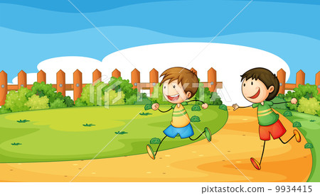 Two boys playing inside the wooden fence Two boys playing inside the wooden fence 9934415