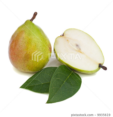 Pears with green leaves isolated on white background. Pears with green leaves isolated on white background. 9935619
