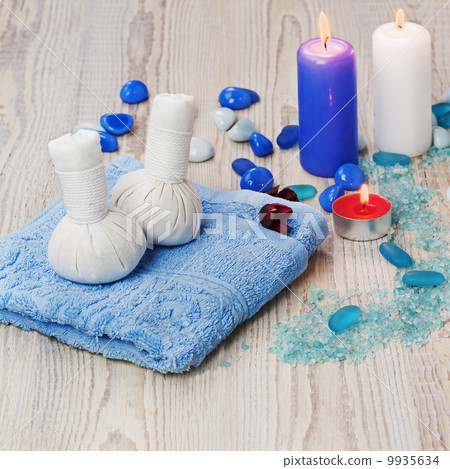 Spa massage setting with thai herbal compress stamps. Spa massage setting with thai herbal compress stamps. 9935634