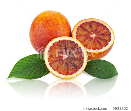 Blood oranges with cut and green leaves isolated on white backgr Blood oranges with cut and green leaves isolated on white backgr 9935802