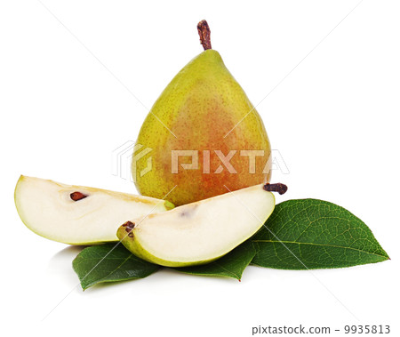 Pear with cut and green leaves isolated on white background. 9935813