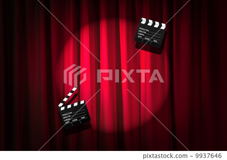 Movie clapper board against curtain Movie clapper board against curtain 9937646
