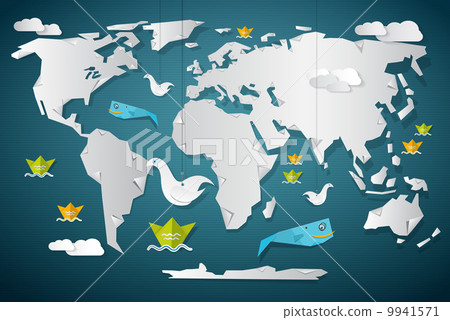 Vector Paper World Map with Fish, Boats Birds and Clouds 9941571