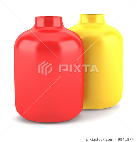 two red and yellow ceramic vases isolated on white background two red and yellow ceramic vases isolated on white background 9941874