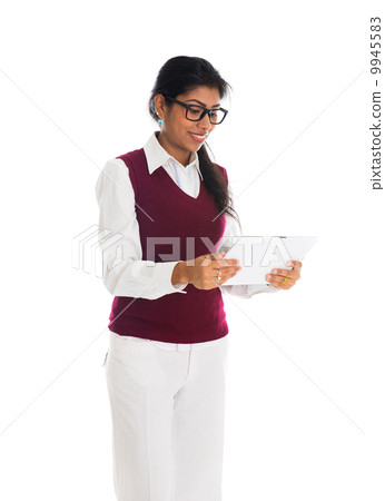 modern indian businesswoman using tablet computer over white bac 9945583