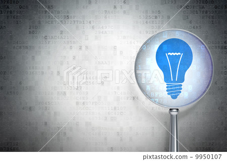 Business concept:  Light Bulb with optical glass on digital background 9950107