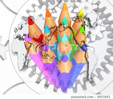 彩虹顏色色的鉛筆和世界地圖 9953941