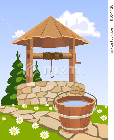 Old wooden well and bucket of water Old wooden well and bucket of water 9954426