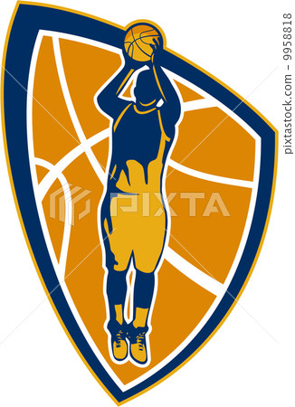 Basketball Player Jump Shot Ball Shield Retro 9958818