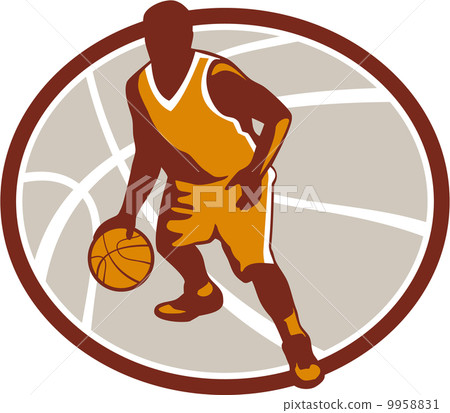 Basketball Player Dribbling Ball Oval Retro 9958831