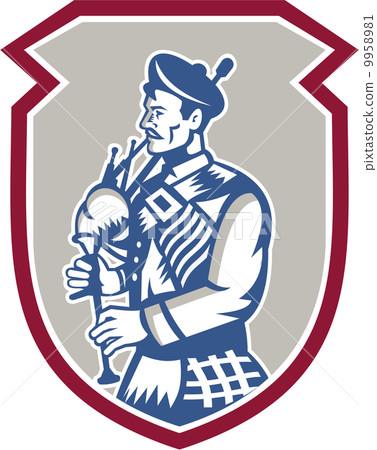 Scotsman Bagpiper Playing Bagpipes Shield 9958981