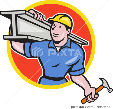 Construction Steel Worker Carry I-Beam Circle Cartoon 9959564