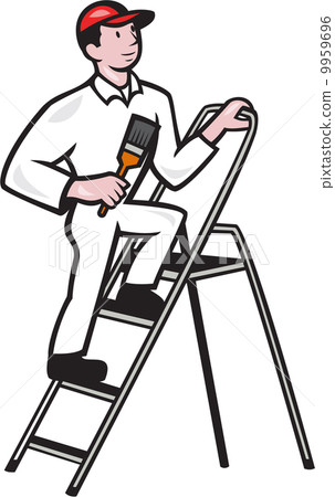 house painter standing on ladder cartoon