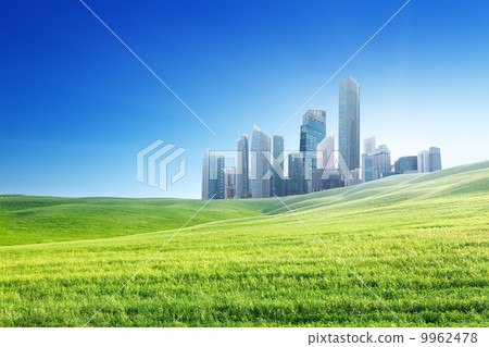 spring field and modern city spring field and modern city 9962478