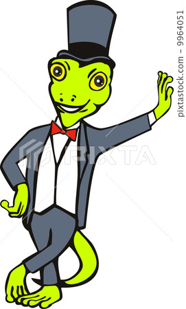 Stock Illustration: cartoon gecko with top hat bow tie tuxedo standing