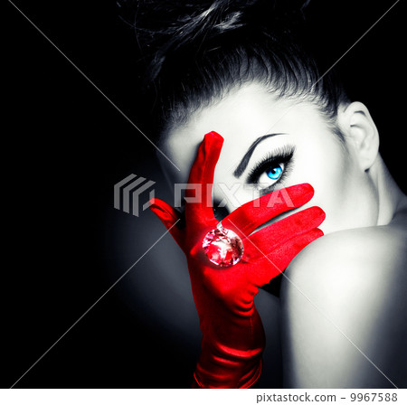 Vintage Style Mysterious Woman Wearing Red Glamour Gloves 9967588