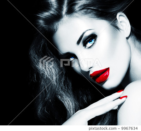 Sexy Beauty Girl with Red Lips and Nails. Provocative Makeup 9967634