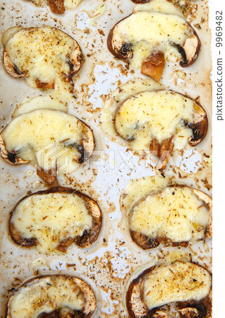 Grilled slices of mushrooms with mozarella cheese Grilled slices of mushrooms with mozarella cheese 9969482