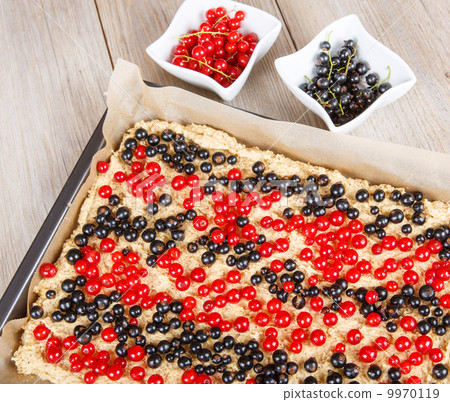 Fresh made red and black currant berries cake 9970119
